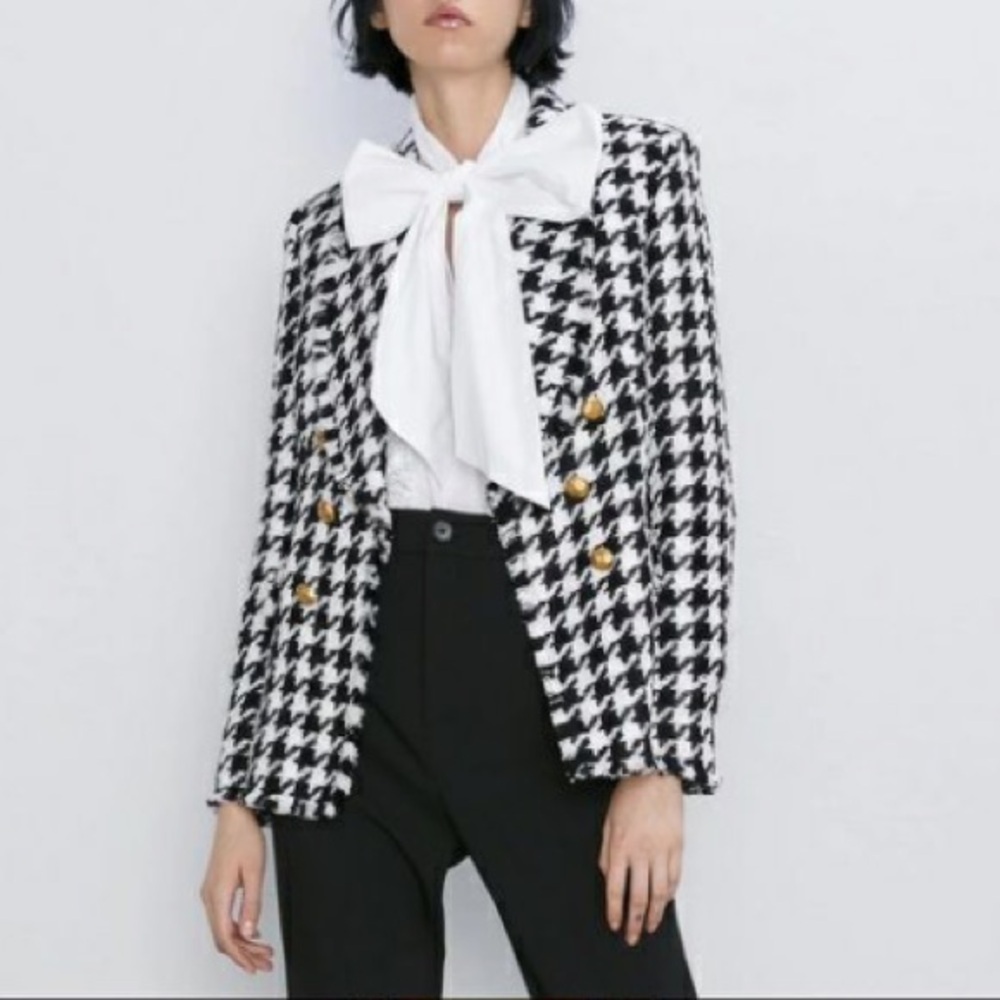 ZARA Black and White Houndstooth Double breasted Frayed Jacket Blazer size XS